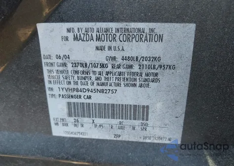 2004 Mazda Mazda6 S z USA, uszkodzony, nr VIN 1YVHP84D945N82757